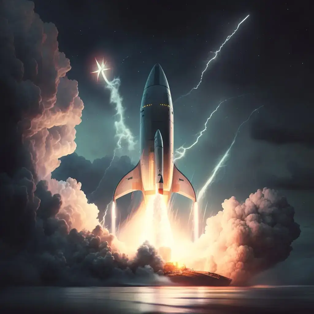 lightning striking a rocket ship that is launching into space